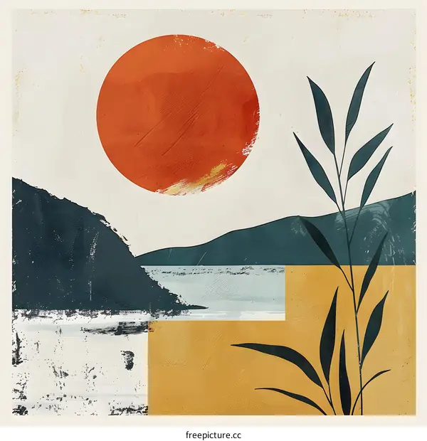 Abstract Minimalist Landscape with Sun and Plants
