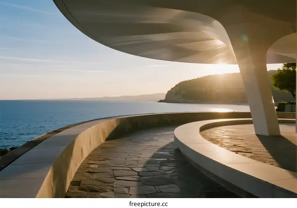 Modern architectural design by the seaside with sunlight shining