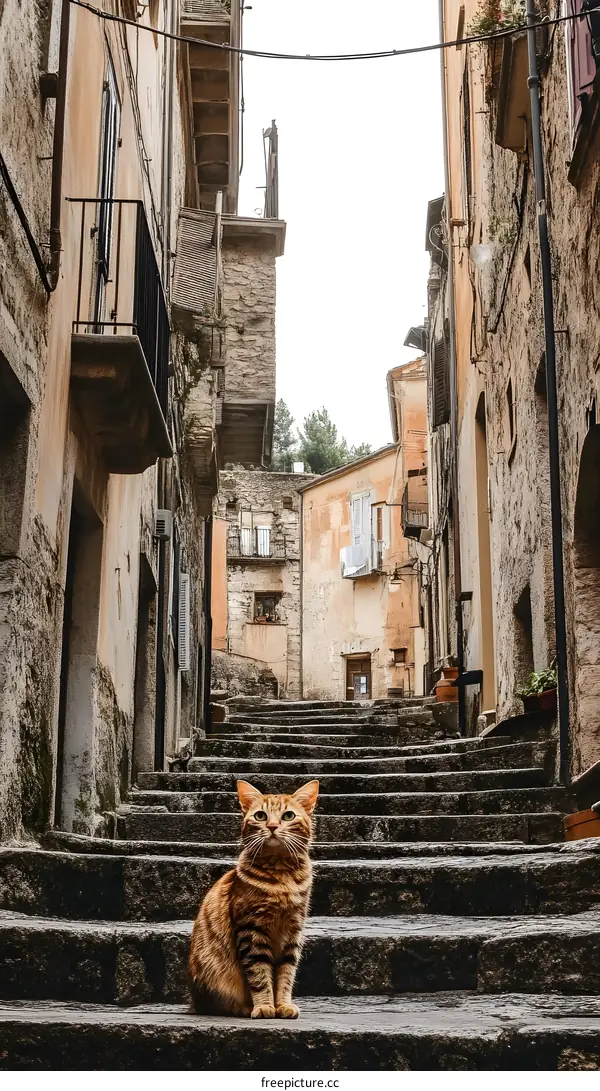 Cat Sitting on Stone Stairs in a Narrow Italian Alley