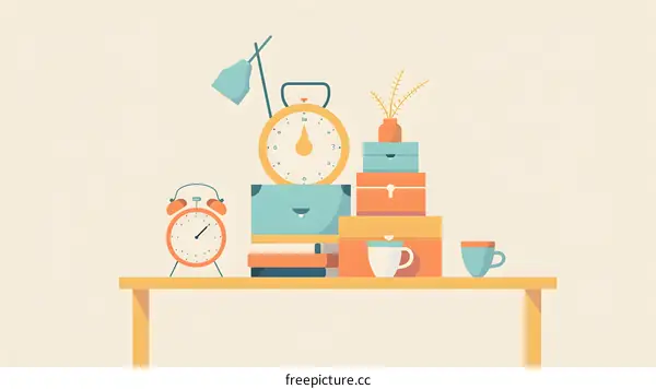 Flat Illustration of a Tabletop with Clocks and Boxes