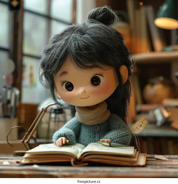 Girl Reading a Book on a Chair by a Fireplace