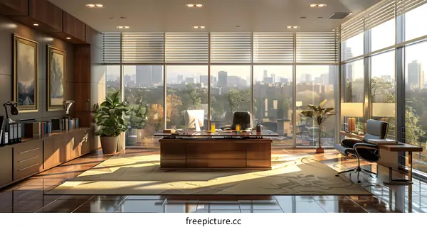 Modern office interior with large windows and a city view