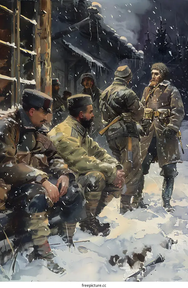 A group of soldiers in winter gear are sitting on a snowy porch.