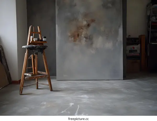 Wooden Artist Easel with Paint Bottles in Empty Studio