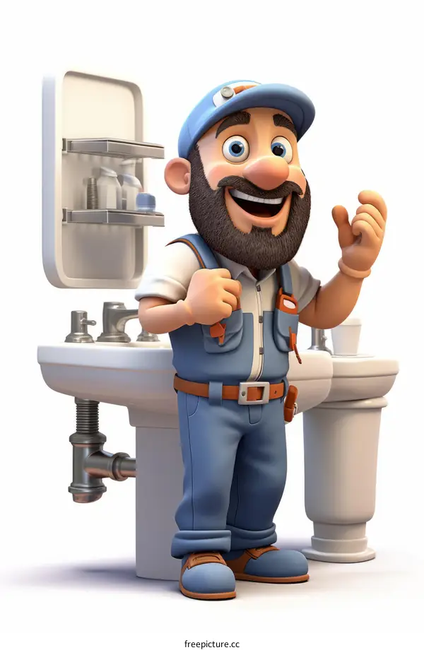 A cartoon plumber is standing in front of a sink and toilet.