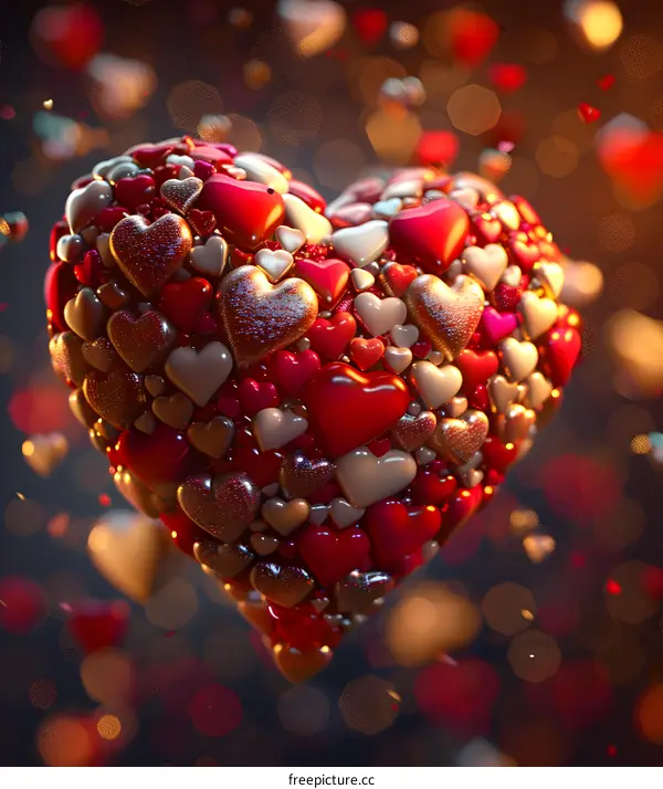 A 3D rendering of a heart made of many red, white, and pink hearts.