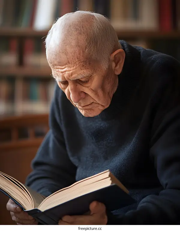 Elderly Man Reading Book in a Library
