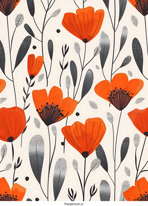 Seamless Pattern With Orange Flowers and Silver Leaves