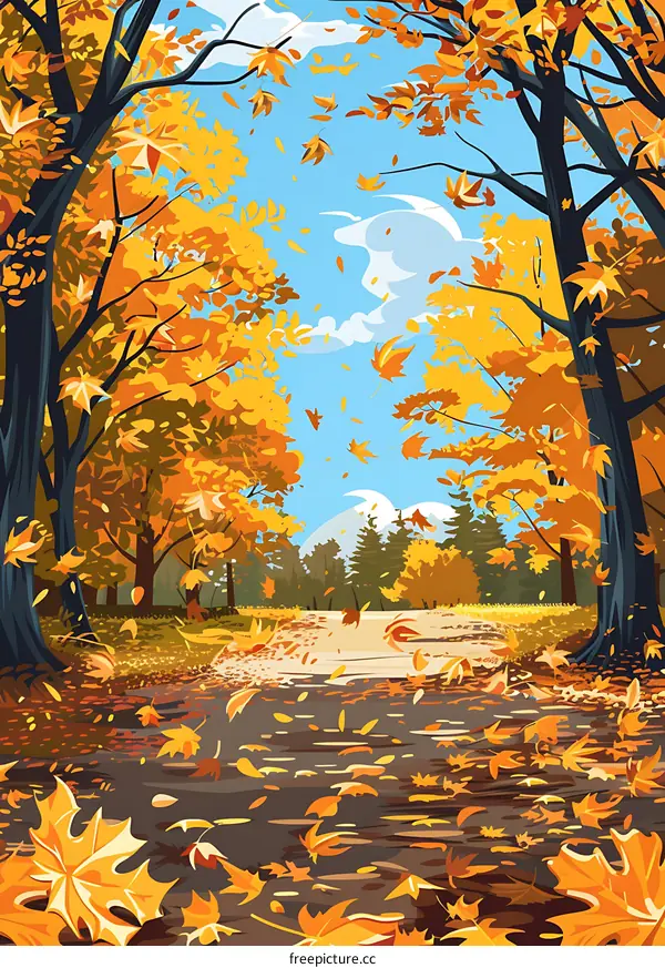 Autumn Landscape with Falling Leaves and Winding Path