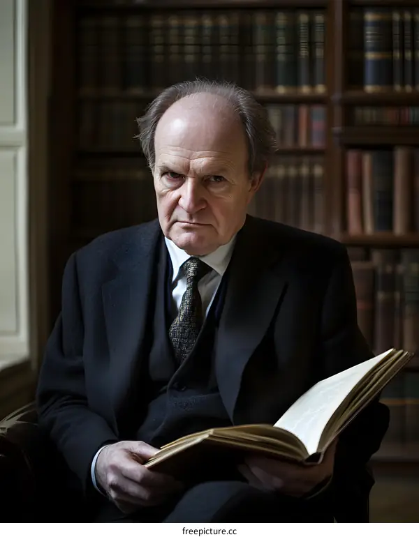 Mature Man Reading a Book in a Library