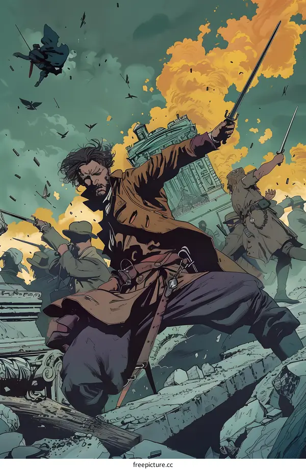 Fantasy Illustration of Man Holding a Sword Fighting in a City