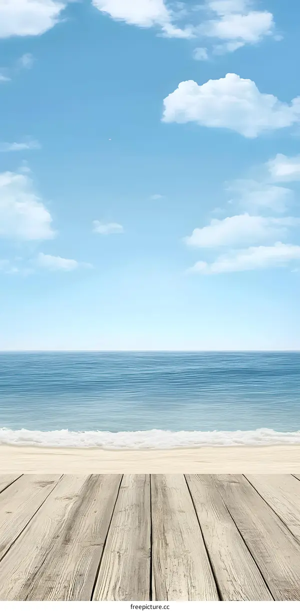 Beach Scene With Wooden Deck and Blue Sky