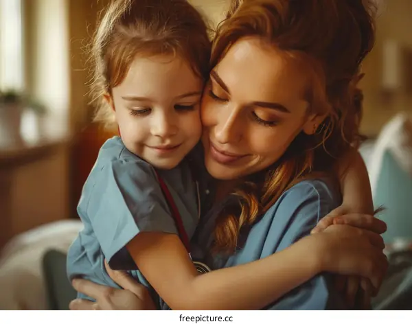 Little Girl Wearing Doctor Costume Hugging Smiling Female Doctor