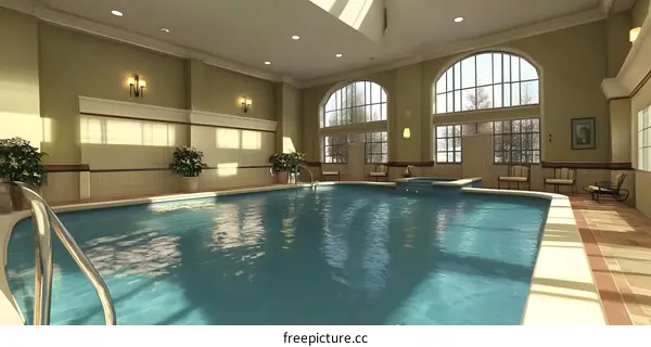 Indoor Swimming Pool with Large Windows and Tile Floor