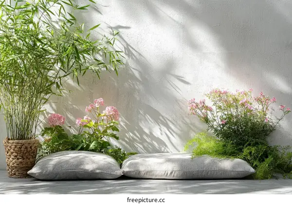 Outdoor garden lounge area with plants and pillows