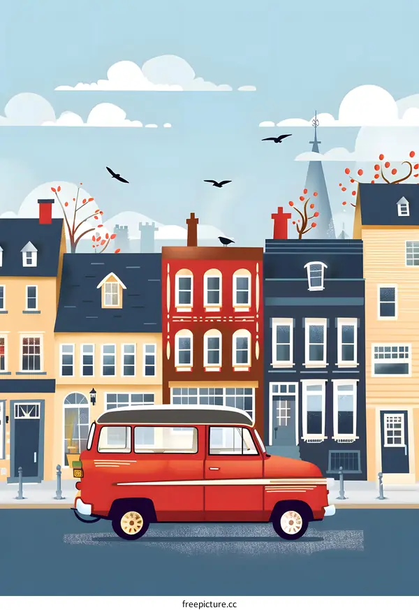 Red Van in a City Illustration