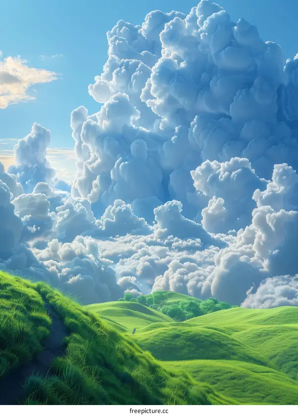 Sweeping Green Hills and Azure Sky with White Clouds