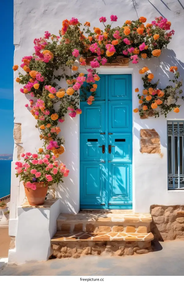 Blue Door with Flowers in Mediterranean Style