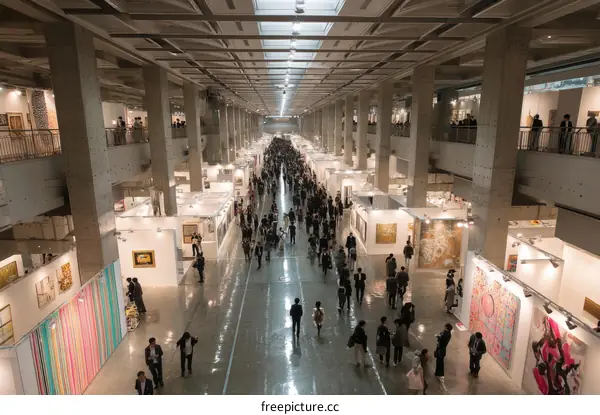 Art Exhibition Grand Hall with Many Visitors