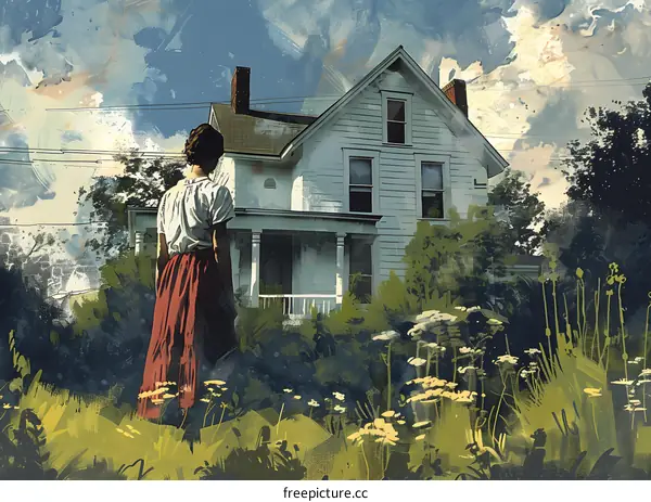 woman in red dress looking at old house