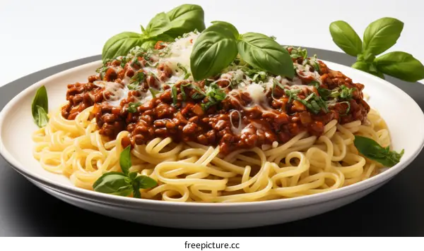 spaghetti with tomato sauce and basil