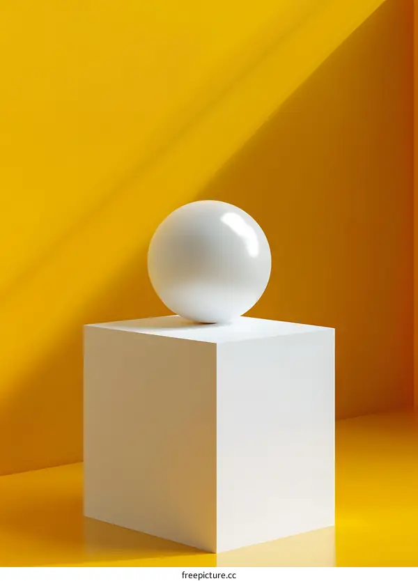 White Sphere on a White Cube Against a Yellow Background