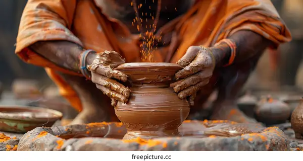 Indian potter making clay pots with traditional spinning wheel