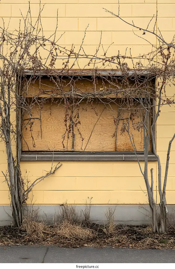 Boarded Up Window on a Yellow Brick Building