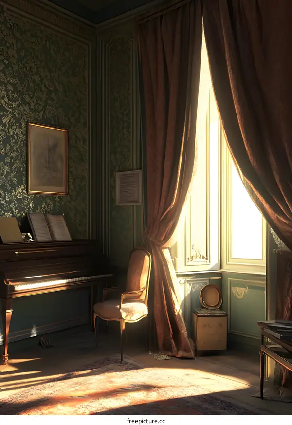 Vintage Interior Room with Piano and Sunbeams