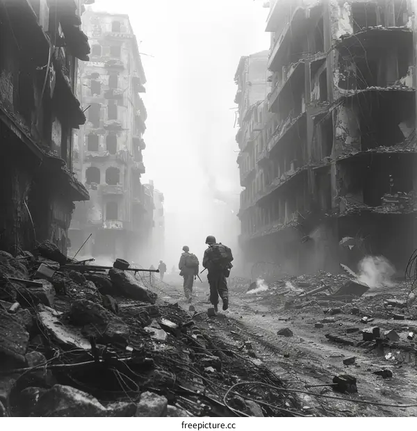 Black and white photo of soldiers walking through a destroyed city
