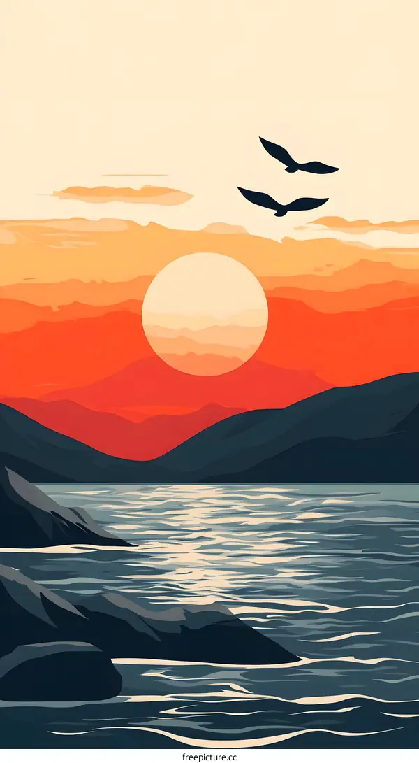 Sunset Landscape with Mountains and Birds in Flight