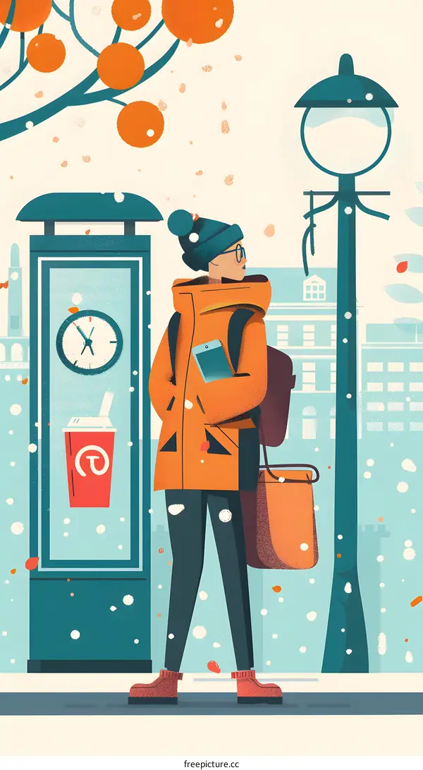 Winter Illustration of a Woman Wearing a Warm Orange Coat