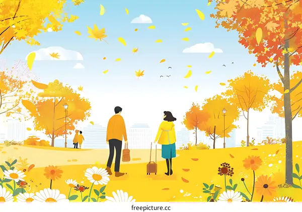 Couple Walking in Autumn Park with Falling Leaves