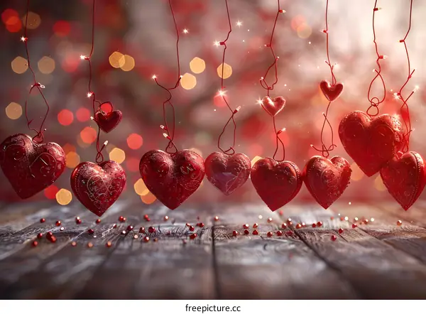 Red heart-shaped ornaments for Valentines Day