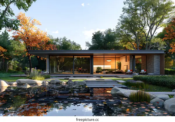 Modern house with a pond in autumn