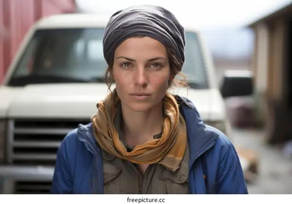 Portrait of a young woman wearing a blue headscarf and a yellow scarf around her neck