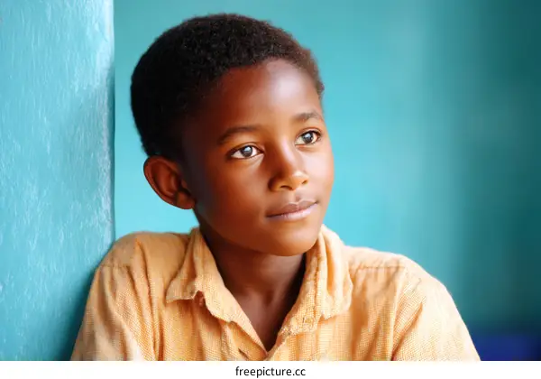 Thoughtful Child Portrait Against a Teal Wall