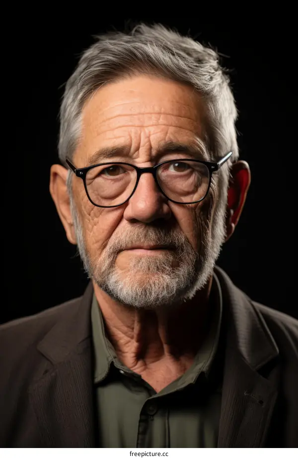 Close-up Portrait of a Man with Gray Hair and Beard and Glasses
