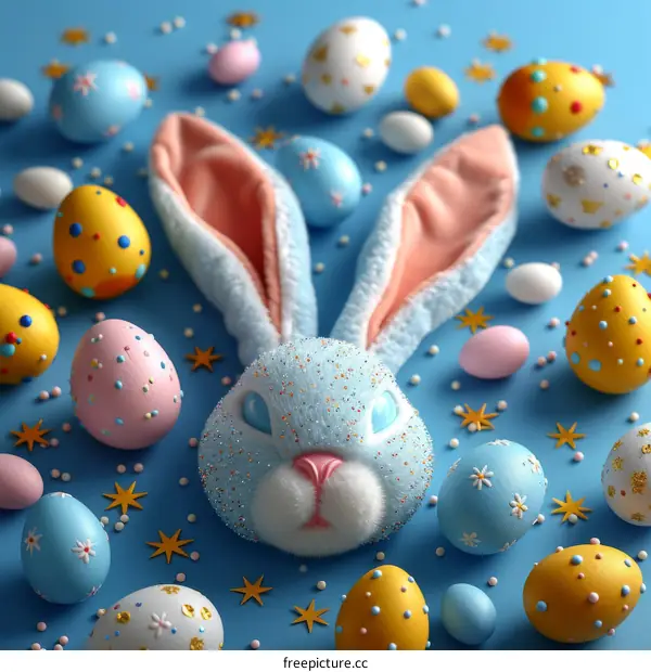 Fluffy Blue Easter Bunny Head with Colorful Eggs