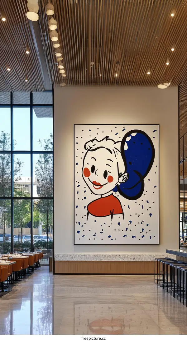 Colorful Illustration of a Girl with a Balloon in a Modern Interior