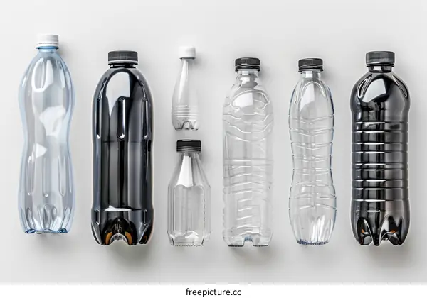Black and transparent plastic bottles of different sizes on a white background