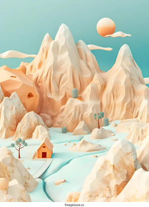 Low Poly Mountain Landscape with Cabin and Sun