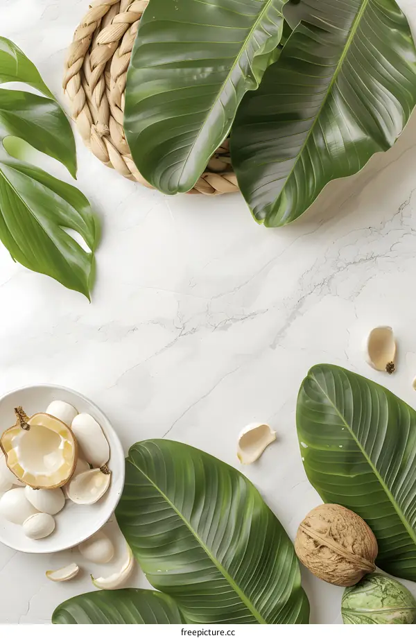 Tropical Leaves and Nuts on a Marble Background