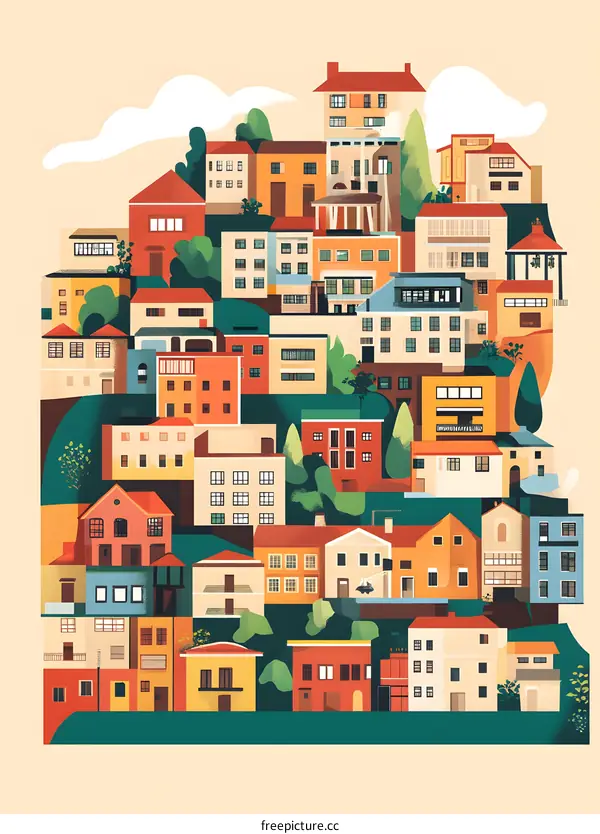 Colorful Illustration of a Hillside Town with Many Houses