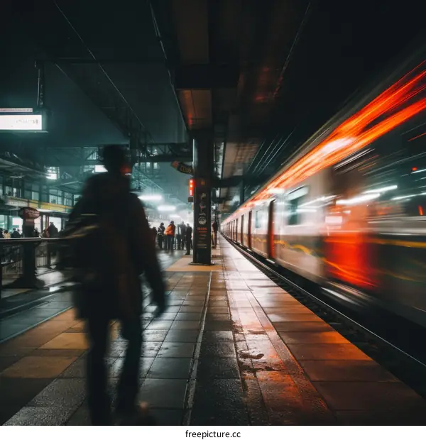 Motion blur of a train arriving at a station at night with people waiting on the platform