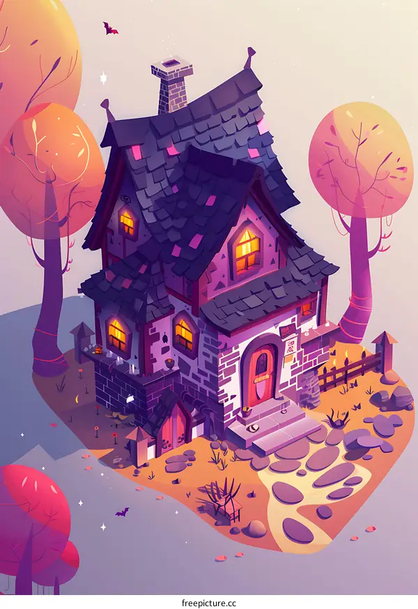 Cartoon Illustration of a Purple and Stone House