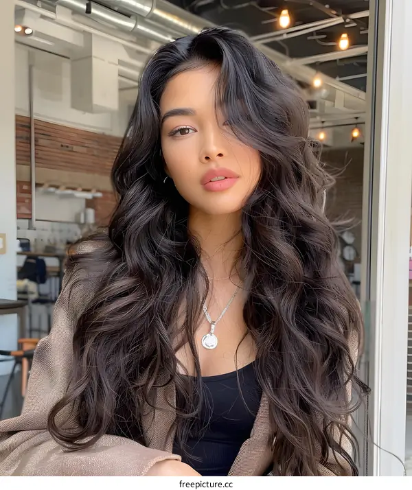 portrait of a beautiful young woman with long brown hair wearing a brown jacket and black top