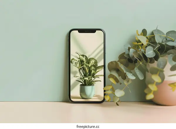 Green Plant on a Phone Screen with a Eucalyptus Plant