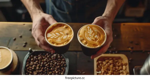 Barista holding two cups of coffee with latte art