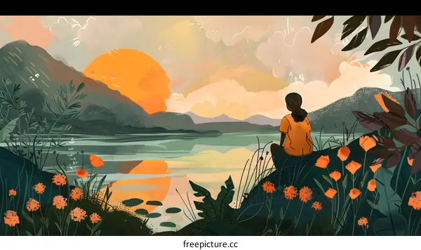 Woman Sitting by Lake and Mountain at Sunset